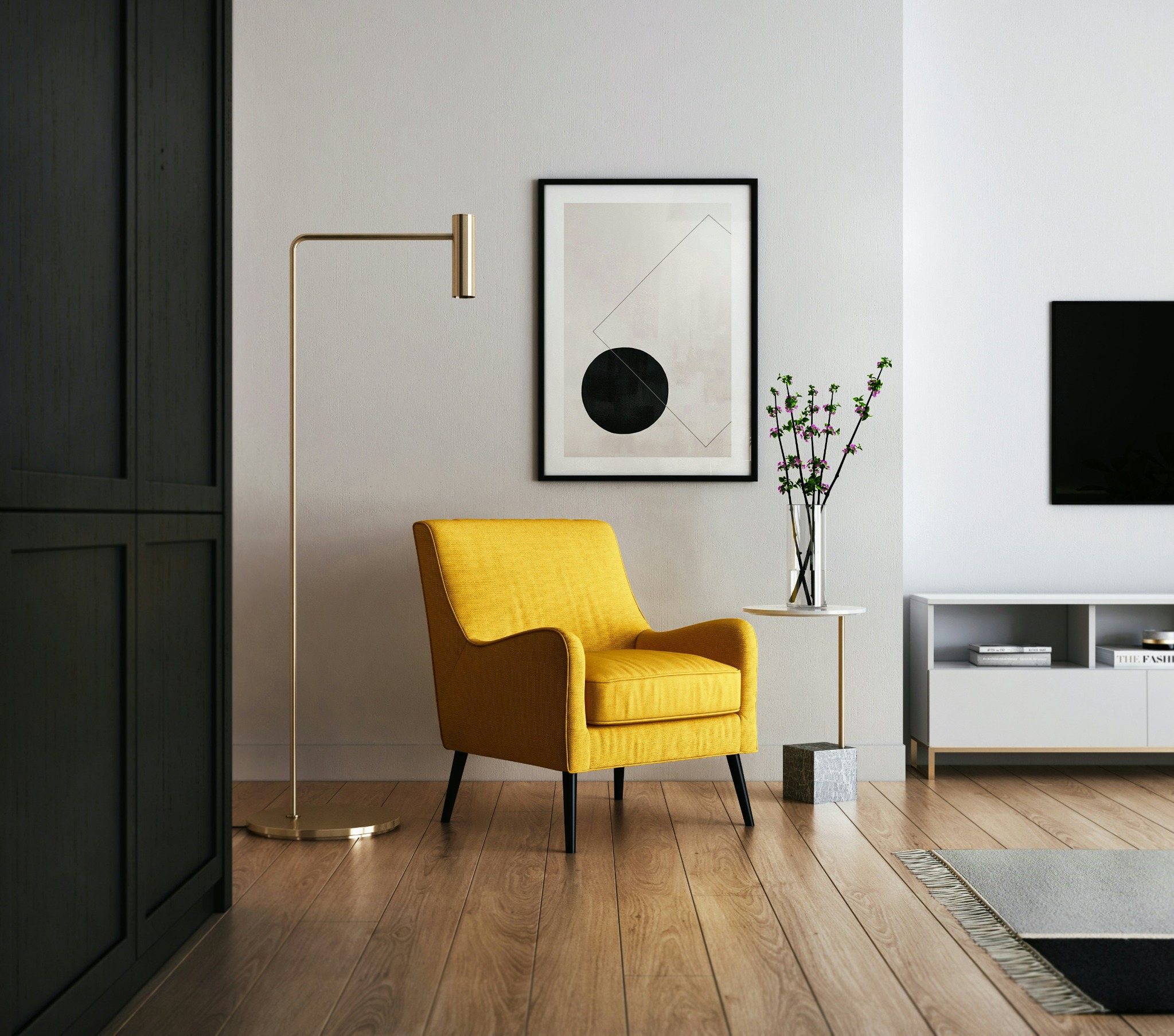 Yellow chair in styled room